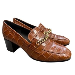Marc Fisher LTD Croc Embossed Block Heel Loafers Brown Leather Chain Detail 8M